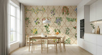 Dining room feature wall with chinoiserie garden, soft colors