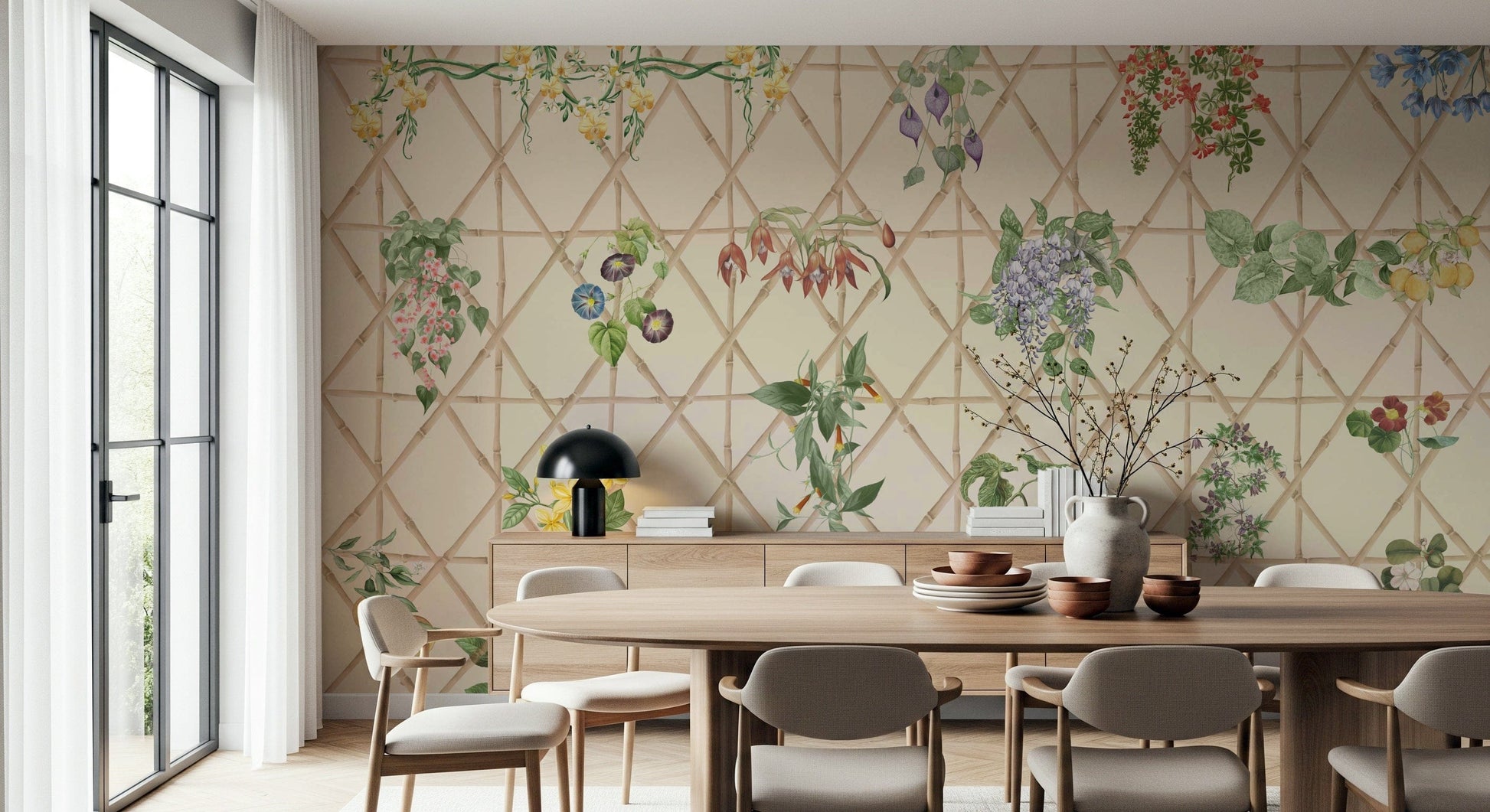 Entryway wall decor with chinoiserie garden mural, modern look