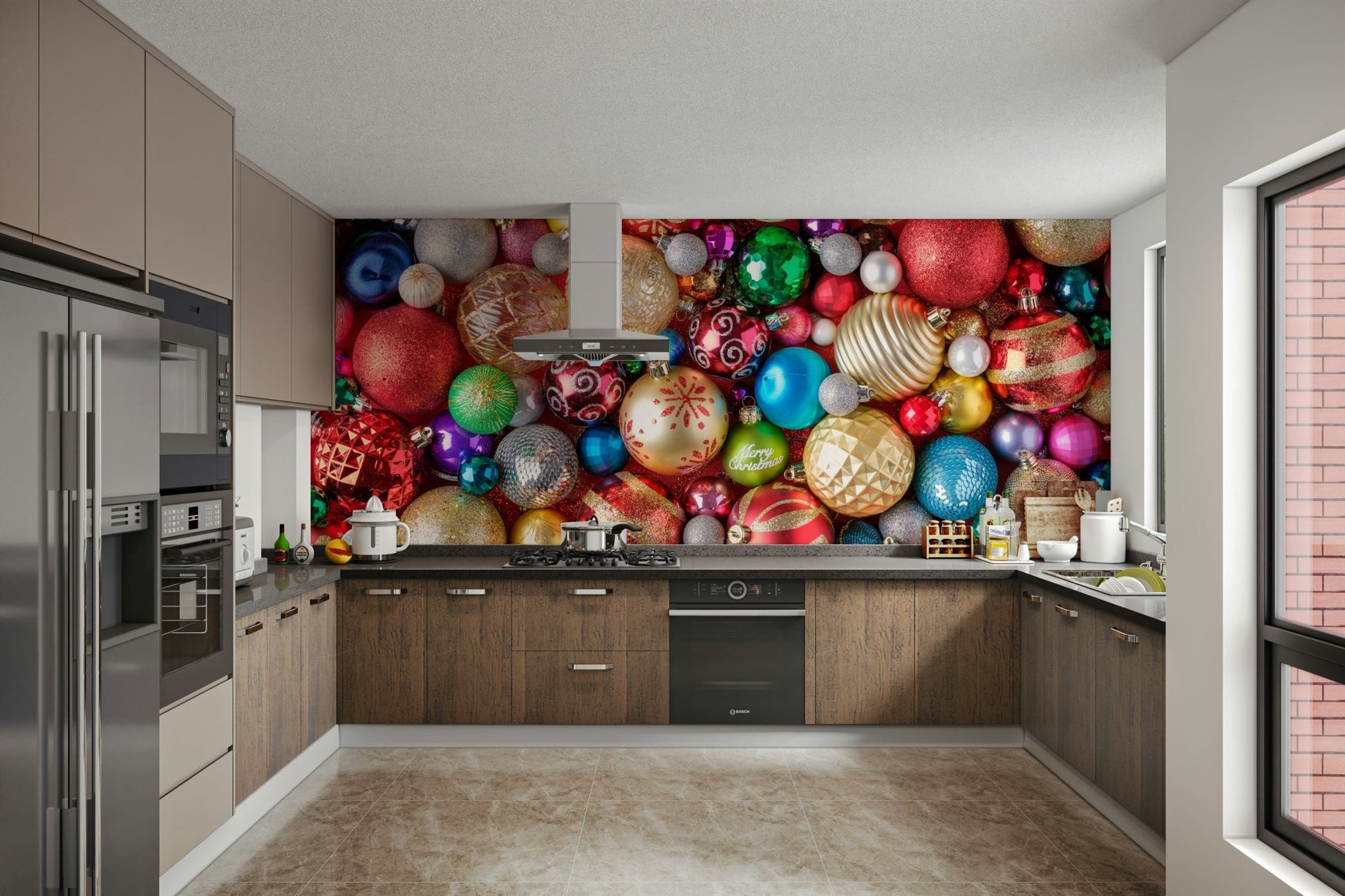 Seasonal wall mural with Christmas decor

