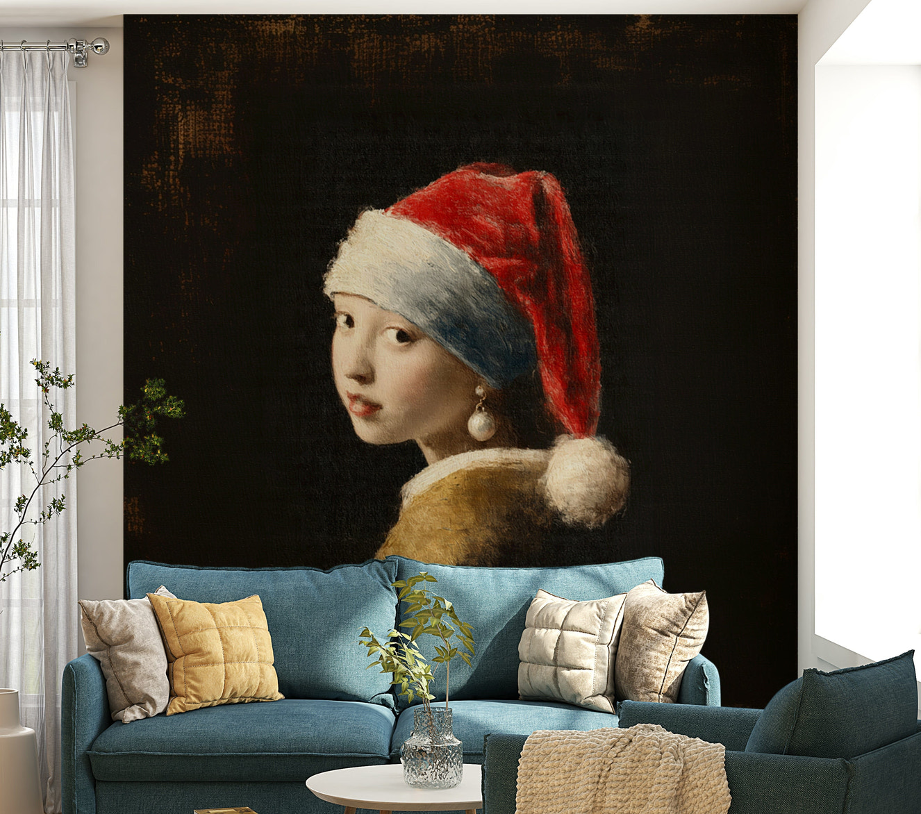 Wall mural with whimsical holiday art

