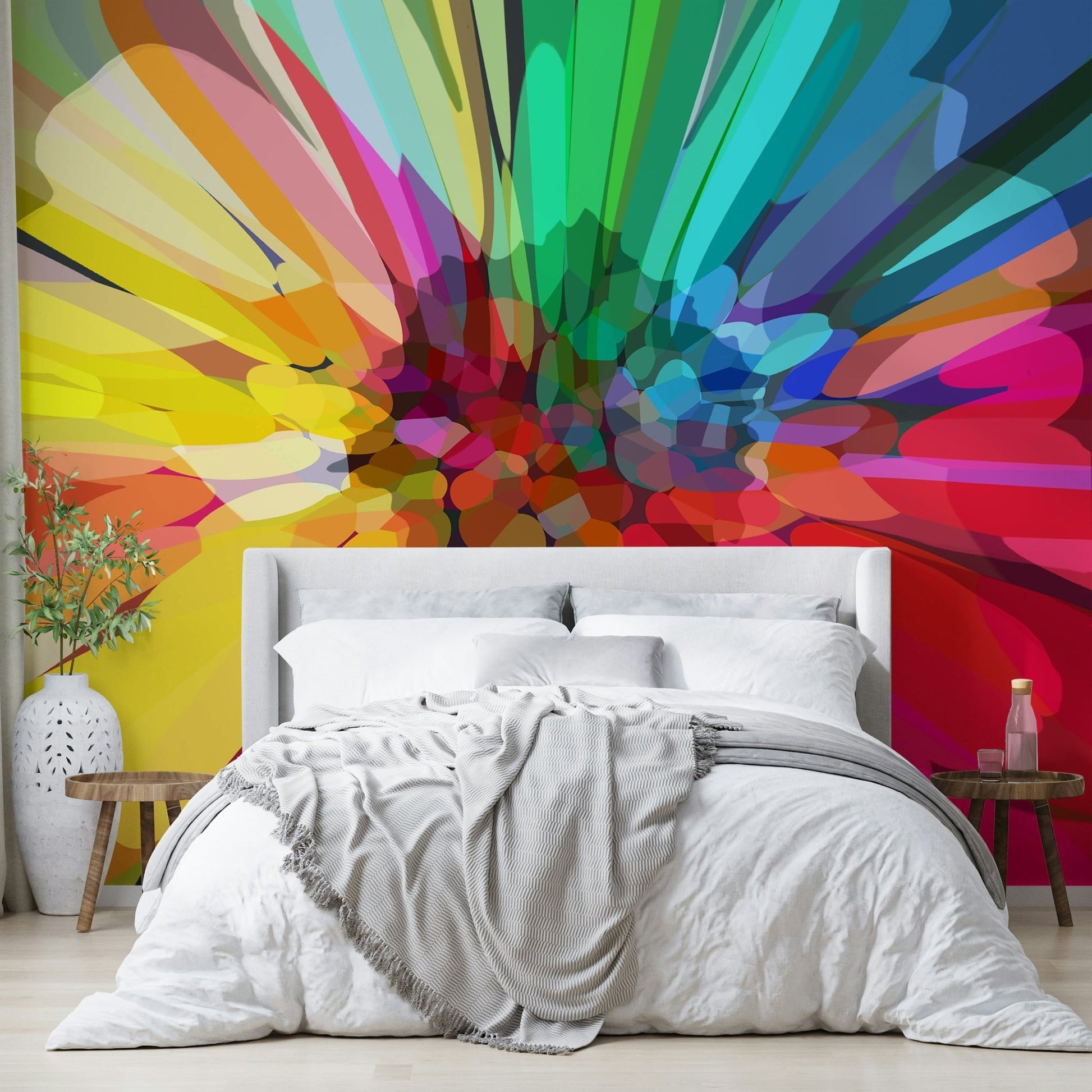 Living room styled with bold Chromatic Burst mural


