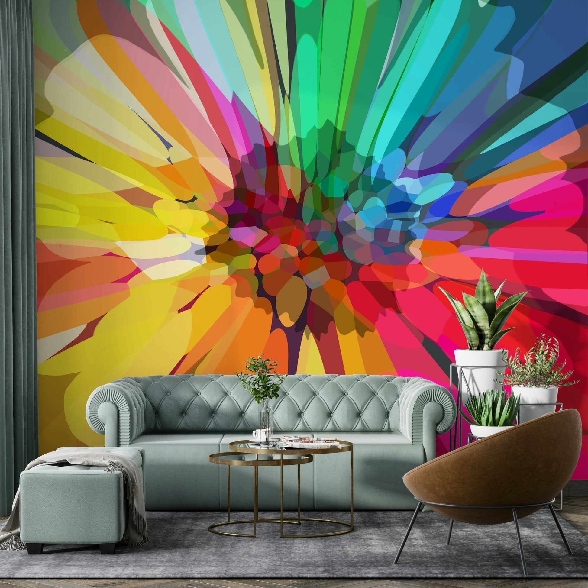 Bold abstract wall mural in rainbow tones

