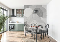 A peaceful modern abstract mural on decorative wallpaper.