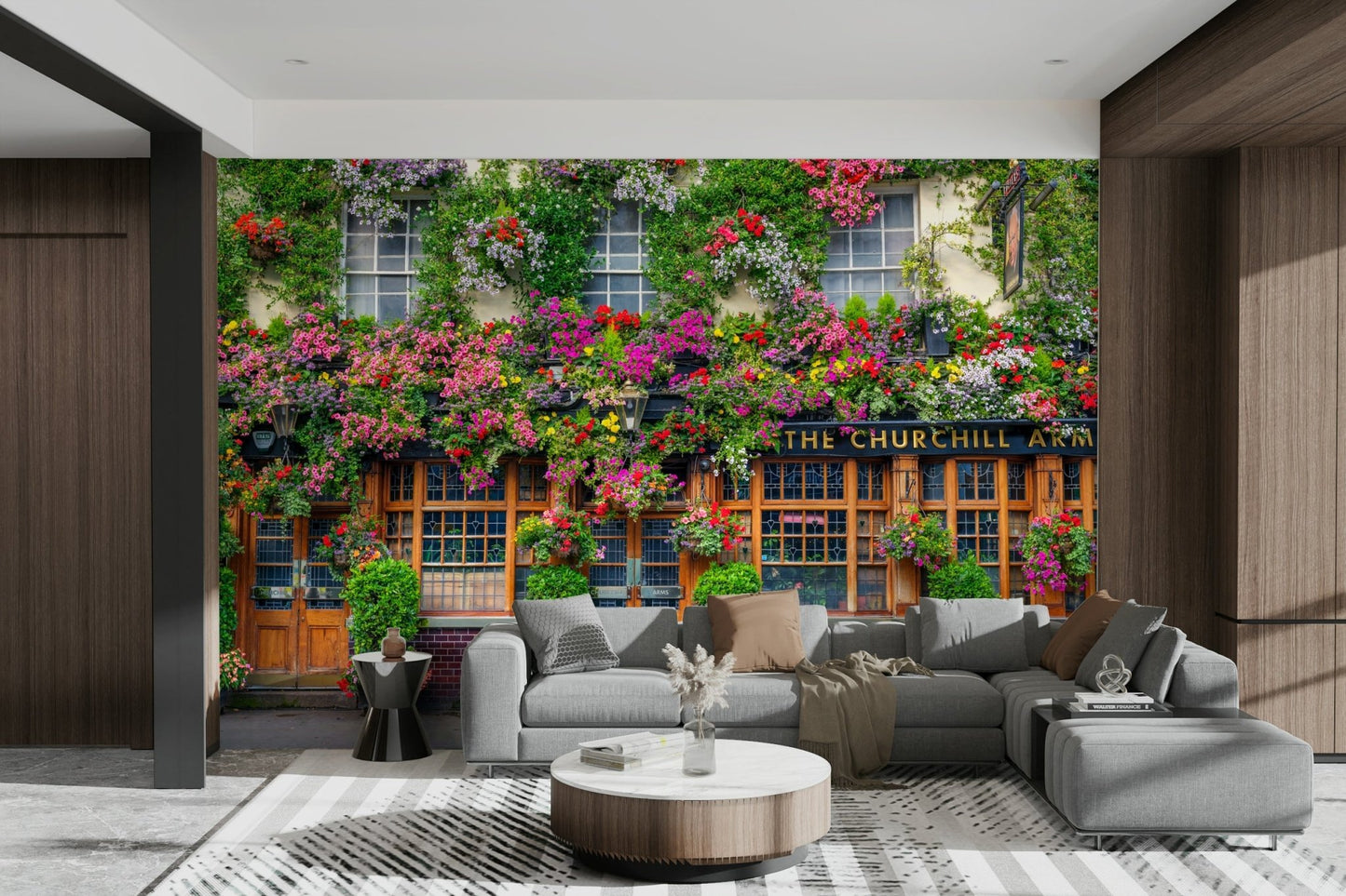 Floral wall mural with vibrant pinks, purples, and yellows

