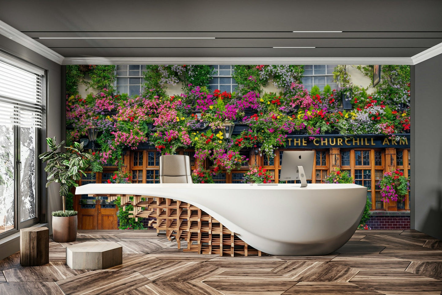 Floral-covered pub wall mural with colorful blooms

