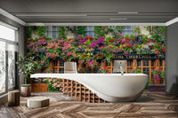 Floral-covered pub wall mural with colorful blooms

