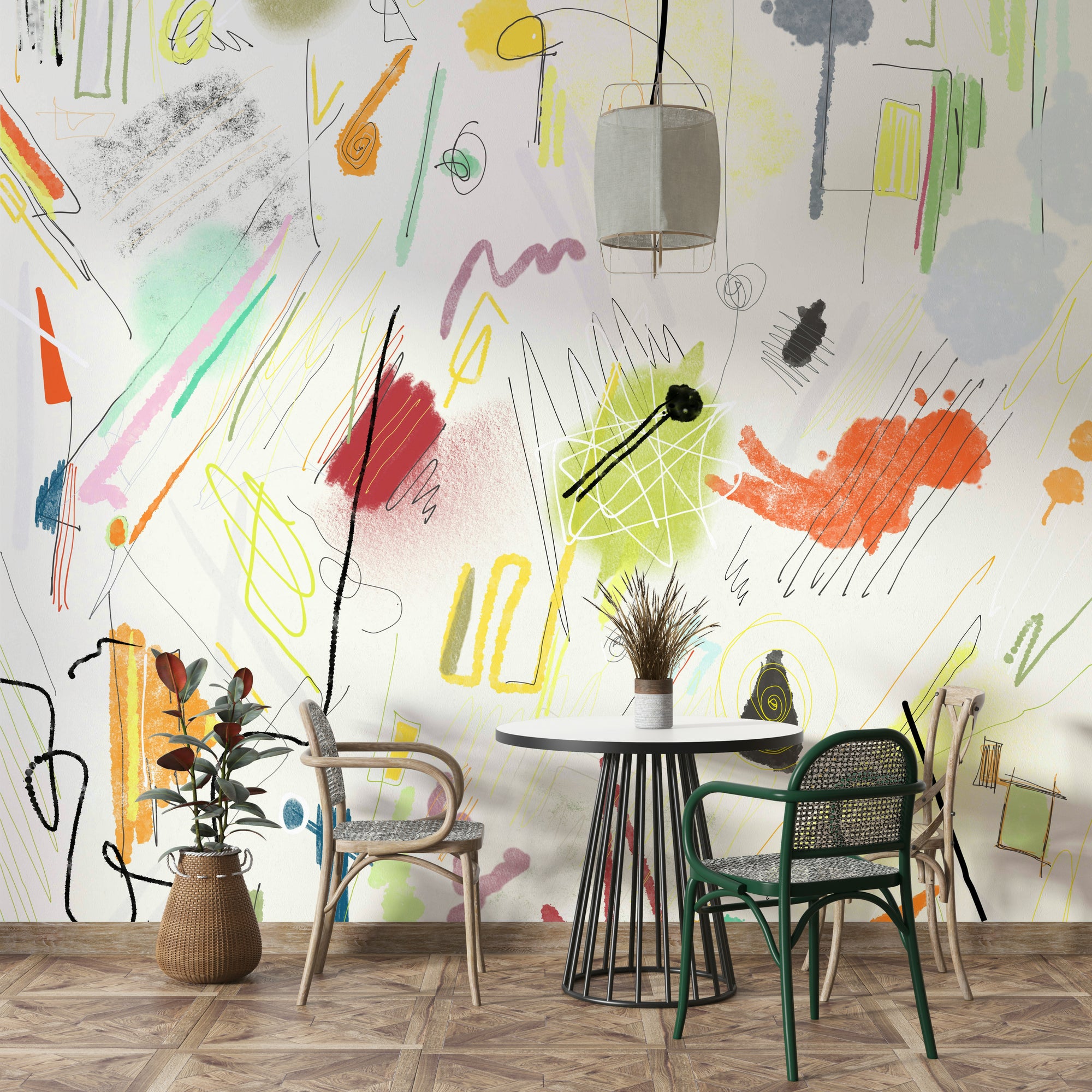 Cianfrusaglia 04 wallpaper mural of colorful abstract scribbles behind a dining table and bistro chairs