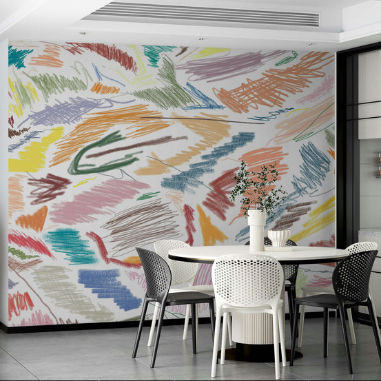 Cianfrusaglia V3 wallpaper mural of colorful crayon strokes behind a white round table and black and white chairs