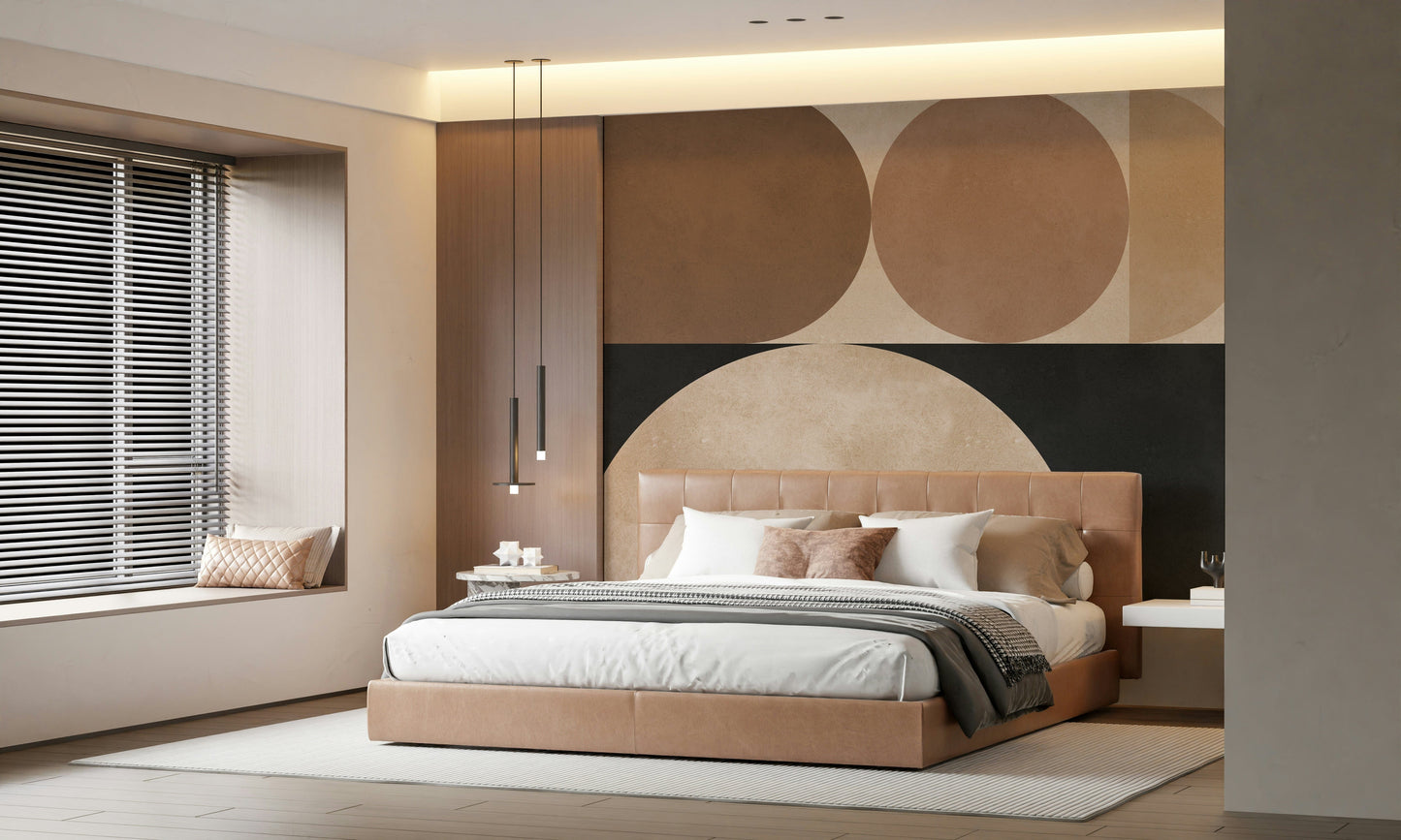 A graceful subtle geometric wall mural in cool, natural tones.

