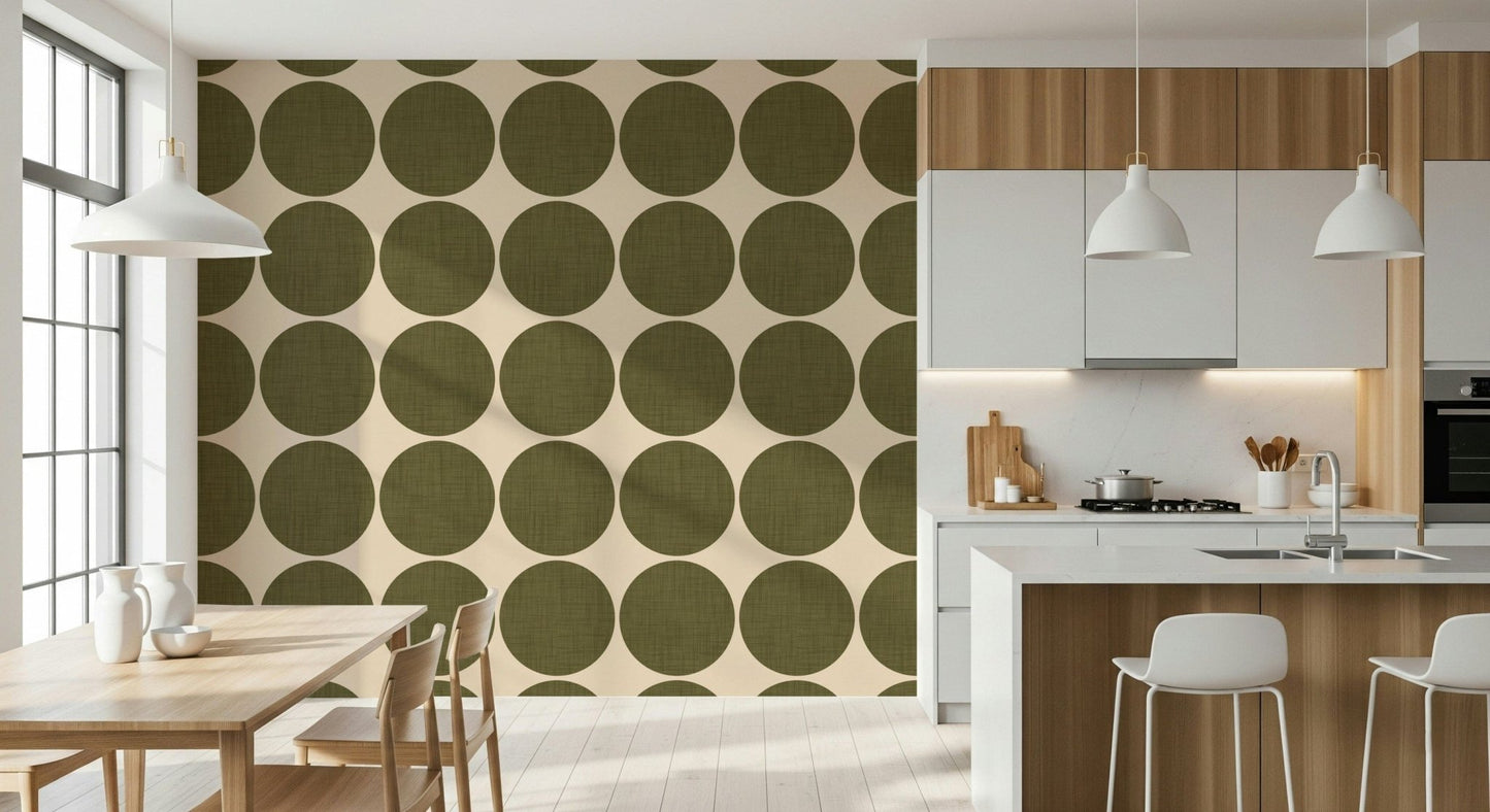 Simple geometric motif featuring earthy olive circles contrasted against a beige background