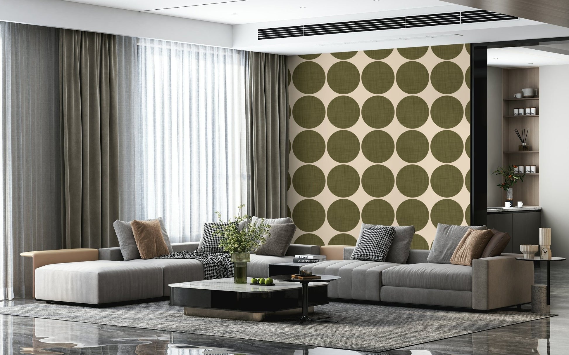 Contemporary wallpaper showcasing bold linen-style circles spaced evenly for a structured design