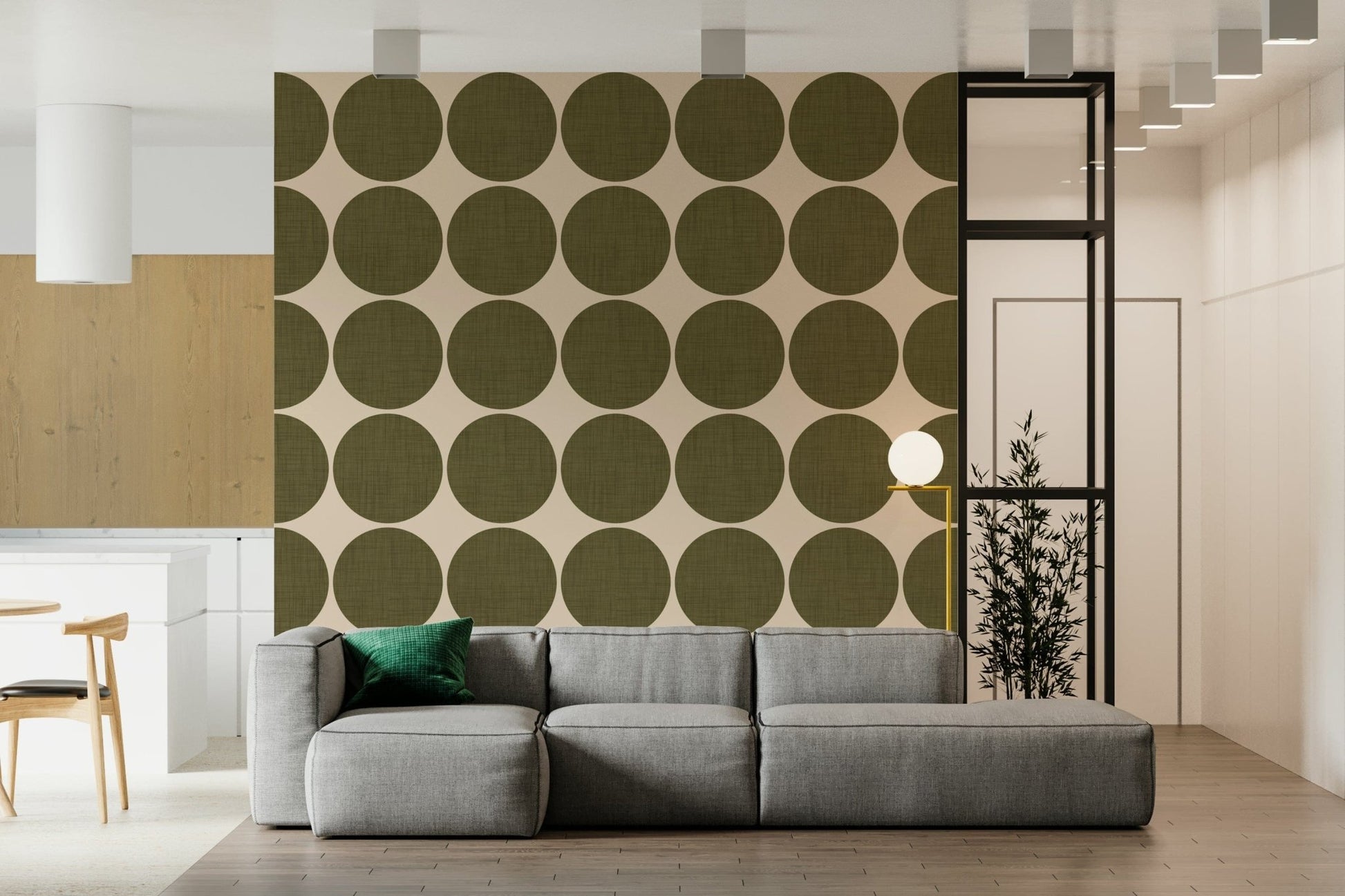 Clean and warm dot pattern with natural linen-effect circles for a modern organic look