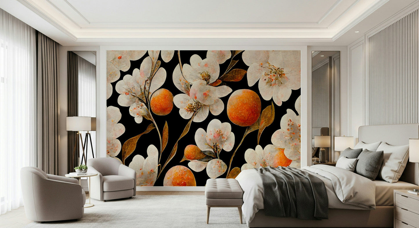 A classic floral wallpaper for walls with a citrus theme.

