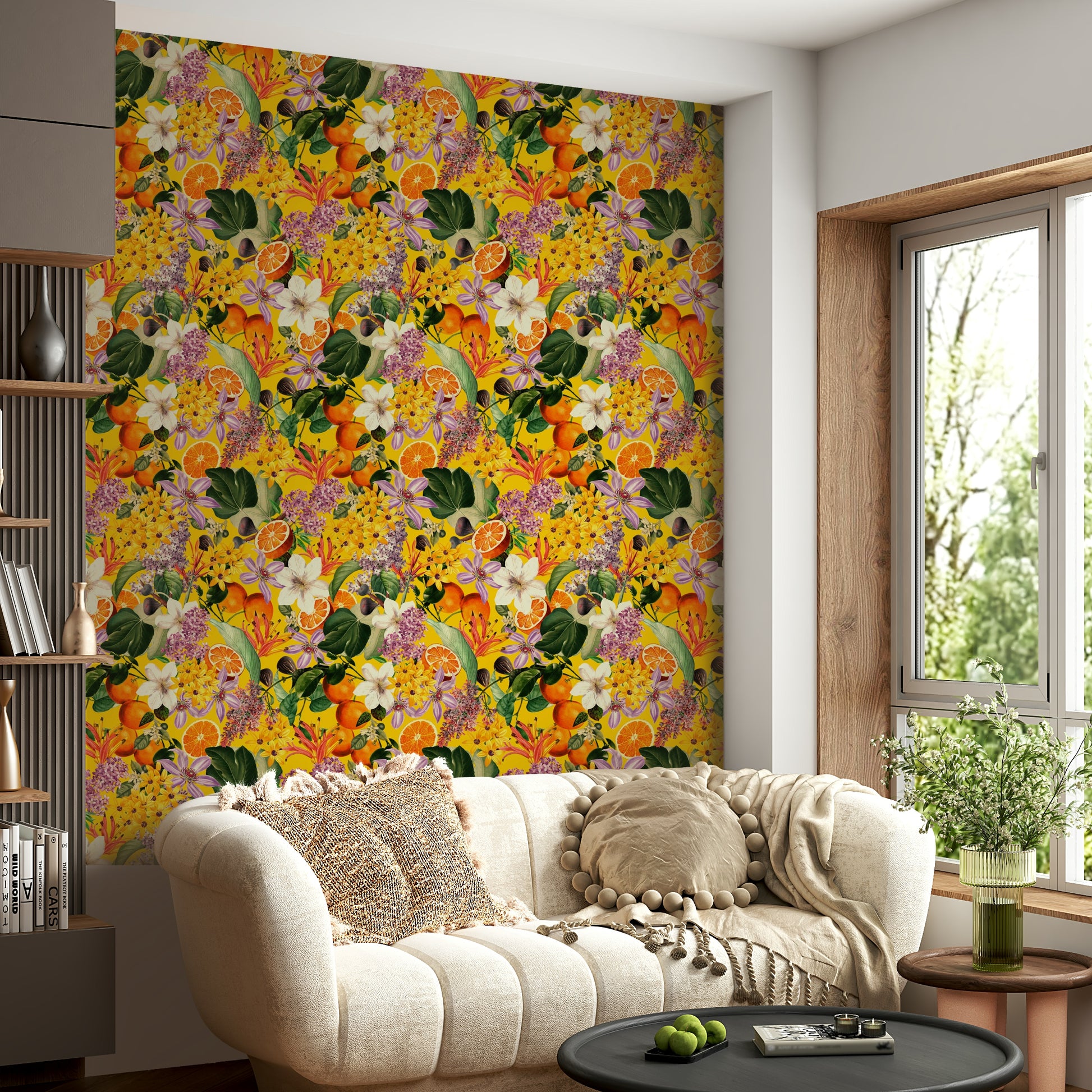 Floral wallpaper featuring vibrant citrus blossoms in full bloom

