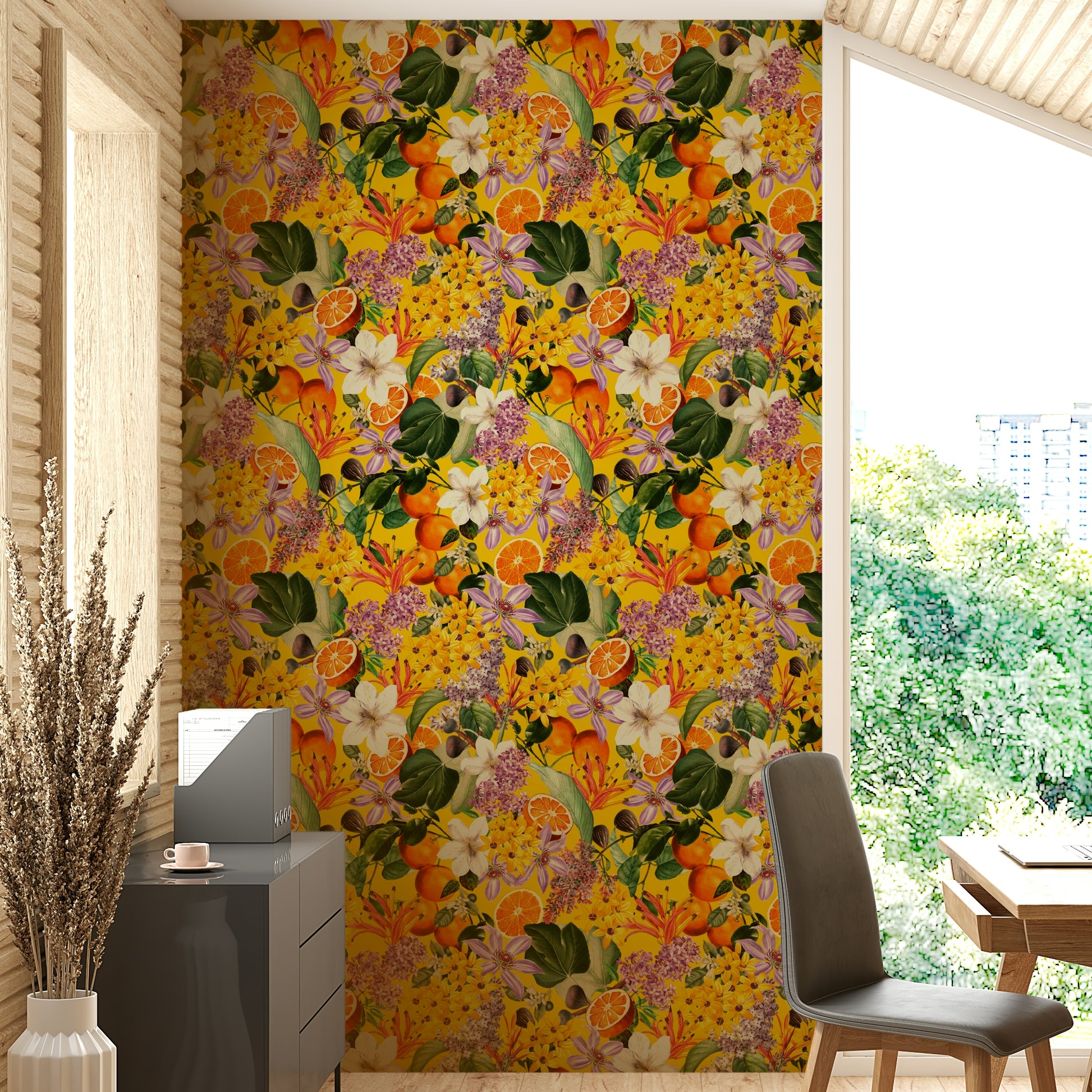 Vibrant citrus flowers in wallpaper adding a refreshing, natural touch

