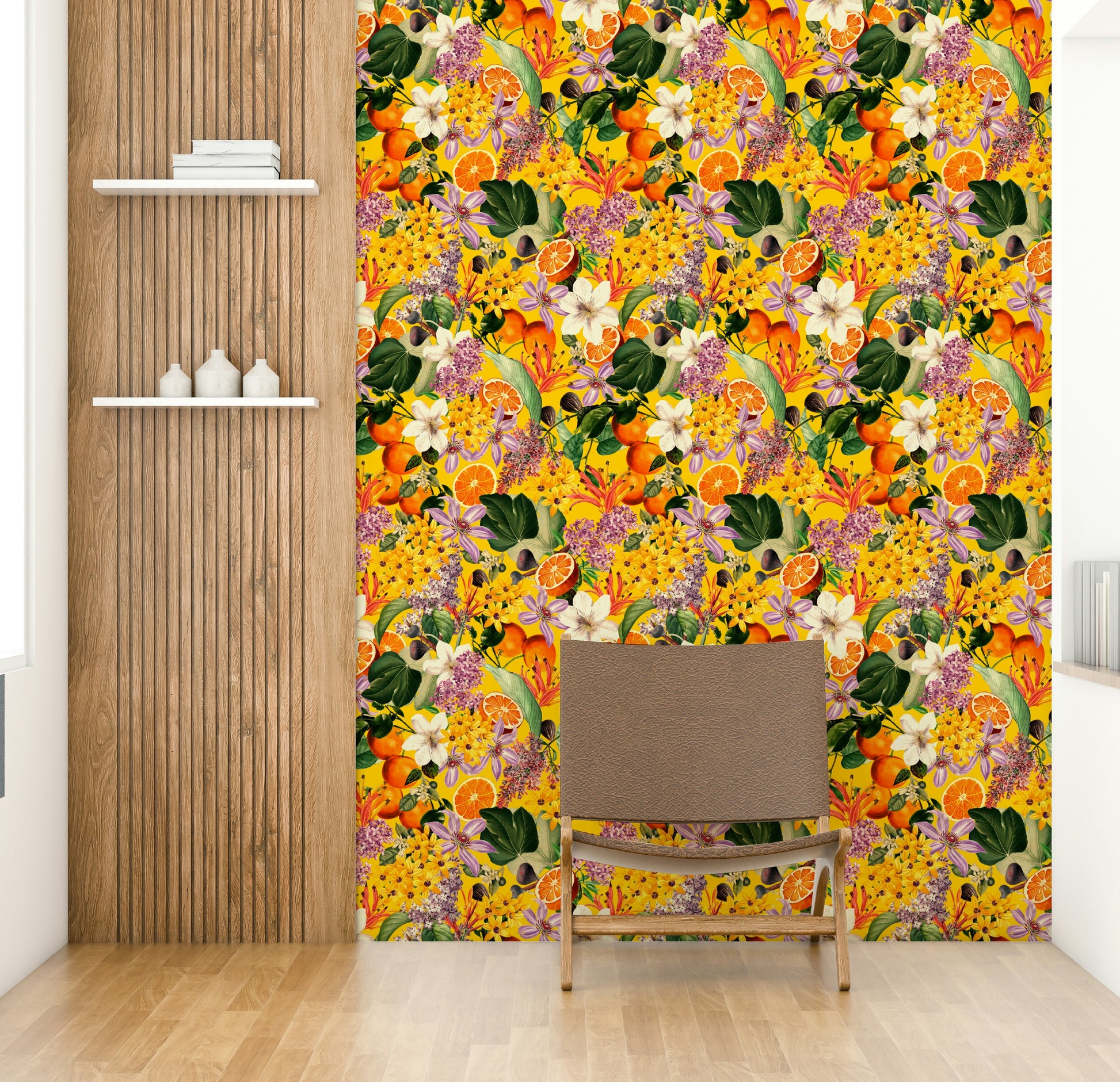 Bright and cheerful citrus blossoms in wallpaper for a lively room


