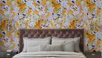Cheerful wall mural with oranges, lemons, and soft botanical details.

