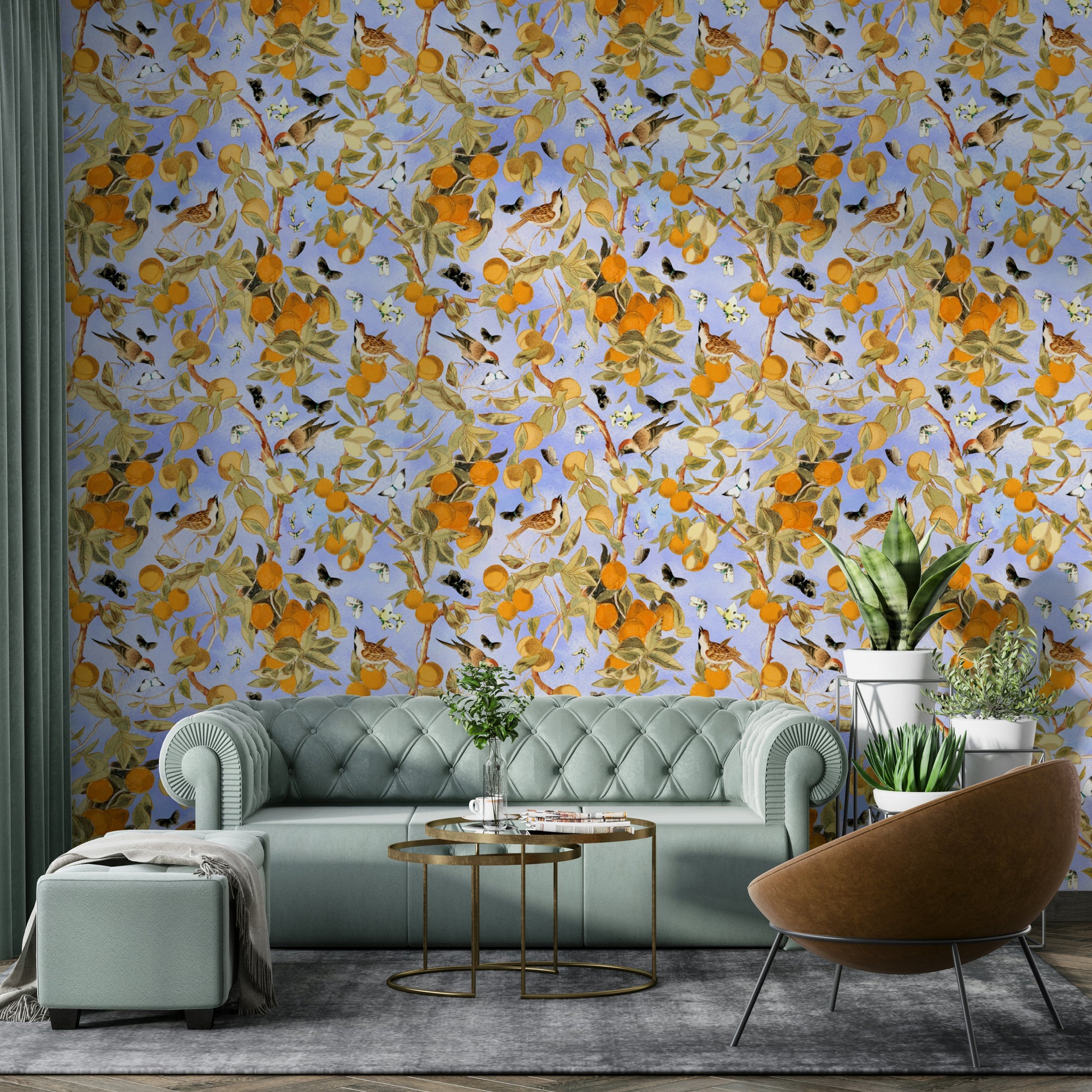 Fresh citrus wallpaper with yellow fruit and lush greenery.

