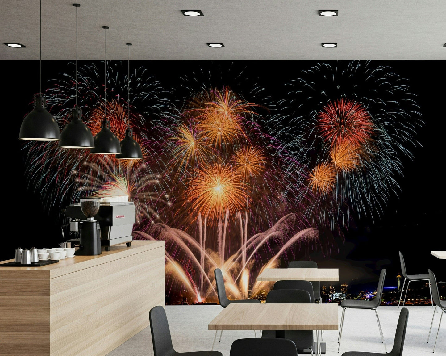 Wall mural with a glowing city skyline and sparkling urban ambiance.