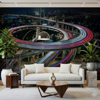 City Lights in Motion Wall Mural – Bold mural featuring long-exposure photography style light trails across urban streets.