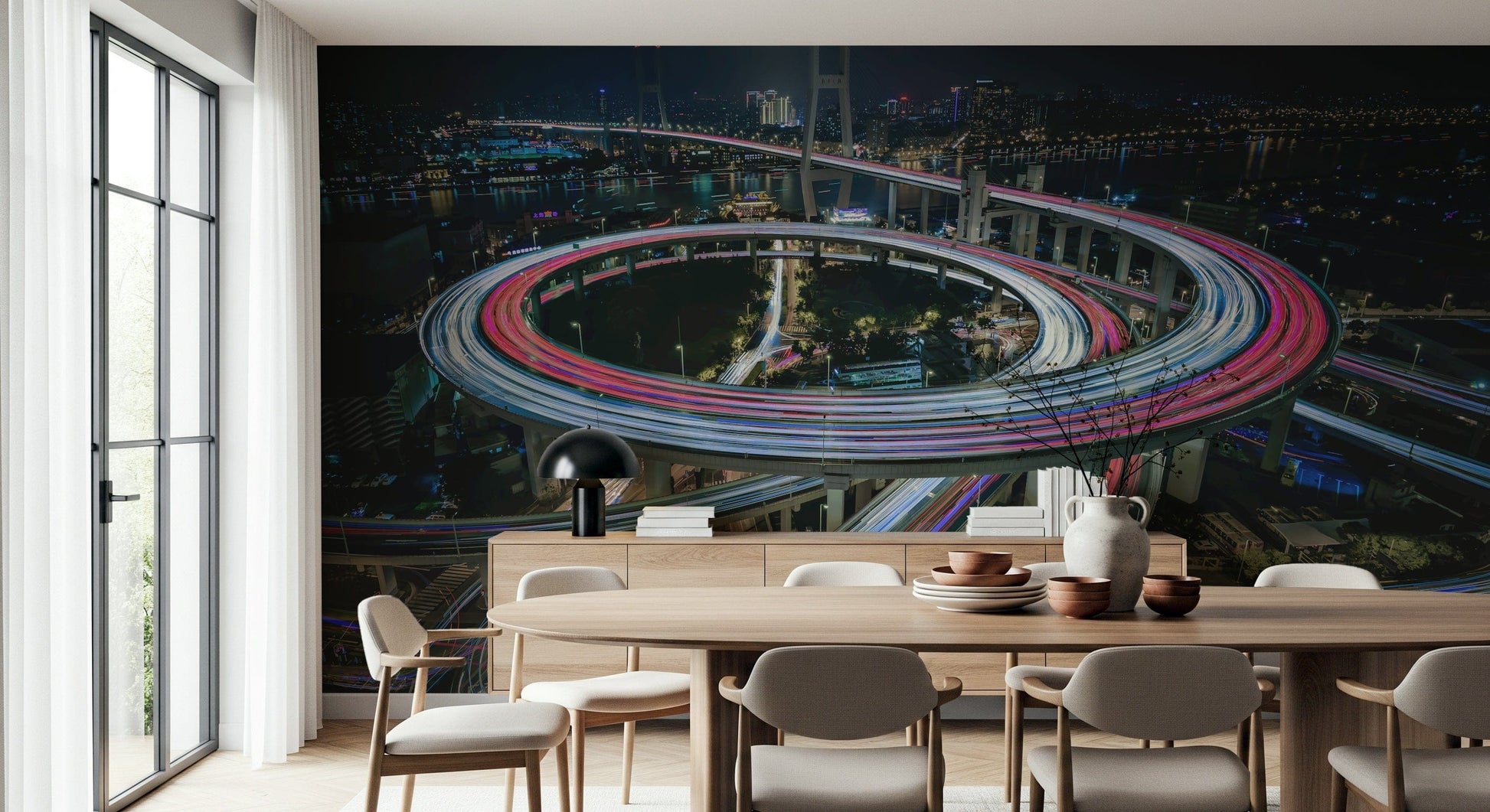 Nighttime Urban Flow Wall Mural – Glowing traffic trails creating a sleek and modern city aesthetic.