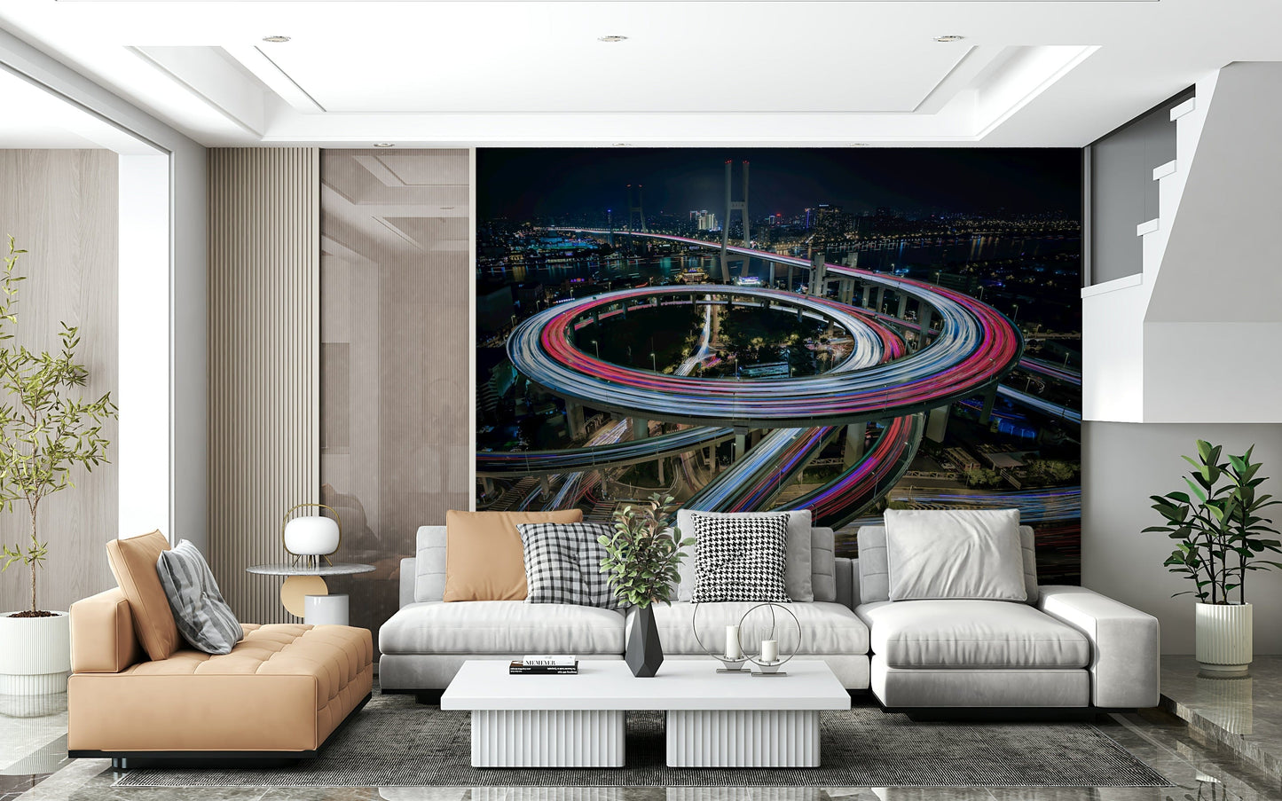 Metropolitan Night Mural – Light Trails – Dynamic mural capturing motion, energy, and rhythm of a lively city at night.