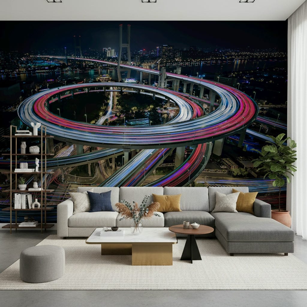 Cityscape Light Trails Wall Mural – Illuminated urban scene with bustling city roads and bright flowing lights.