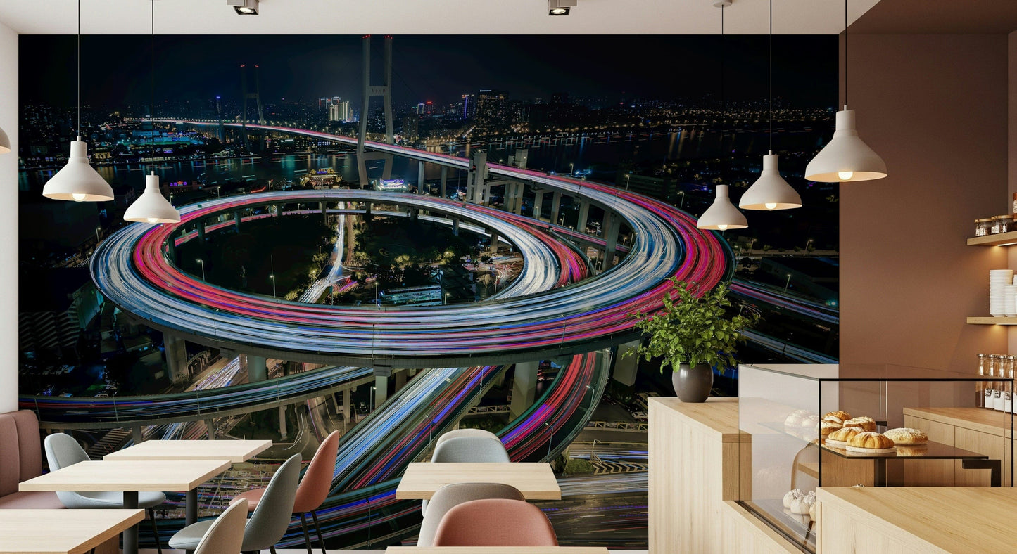 Urban Light Trails Wall Mural – Vibrant long-exposure city design capturing motion and energy of nighttime streets.