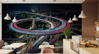 Urban Light Trails Wall Mural – Vibrant long-exposure city design capturing motion and energy of nighttime streets.