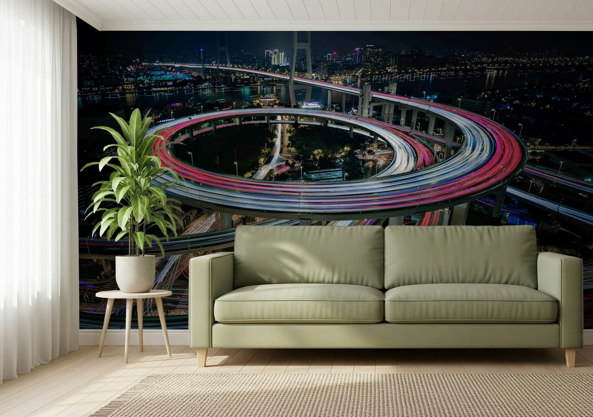 City Flow: Light Trails Wall Mural – Dynamic cityscape mural featuring glowing light trails from traffic on urban streets at night.