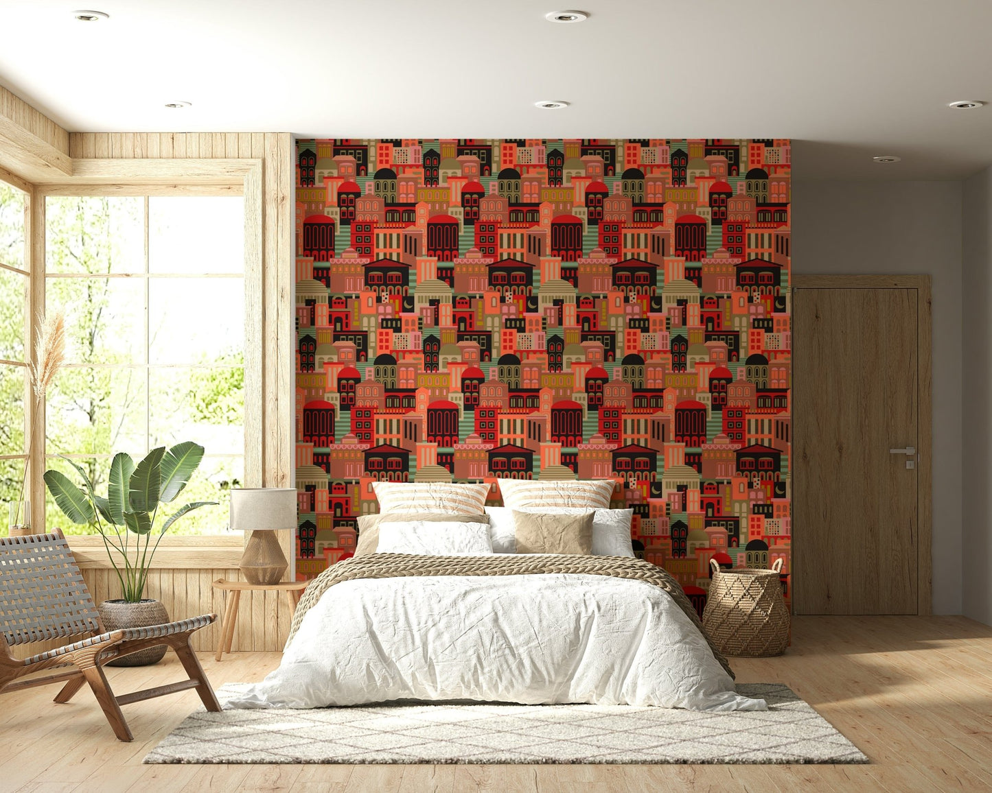 Night city travel wallpaper for dining area feature wall, bright geometry and dark tones