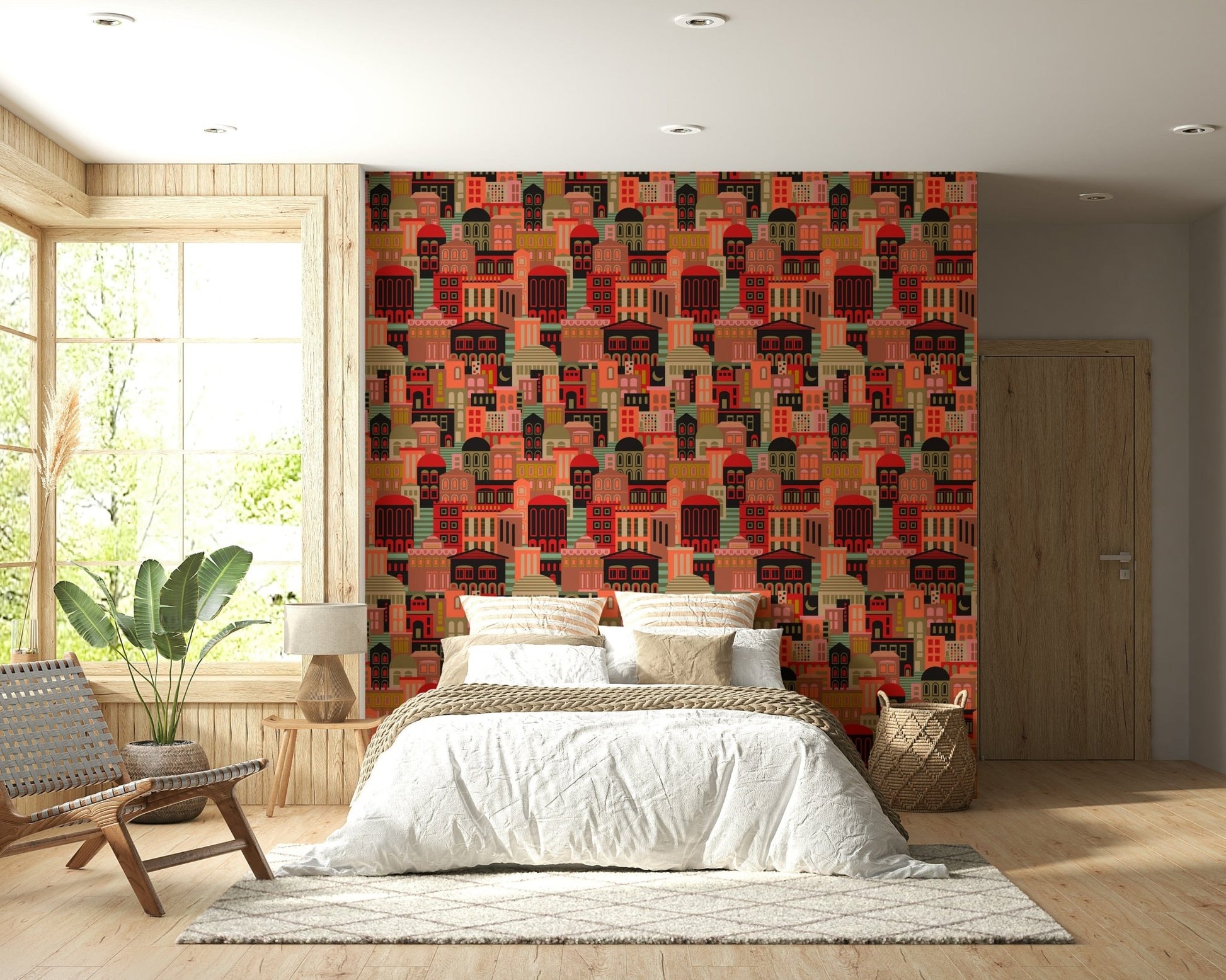 Night city travel wallpaper for dining area feature wall, bright geometry and dark tones