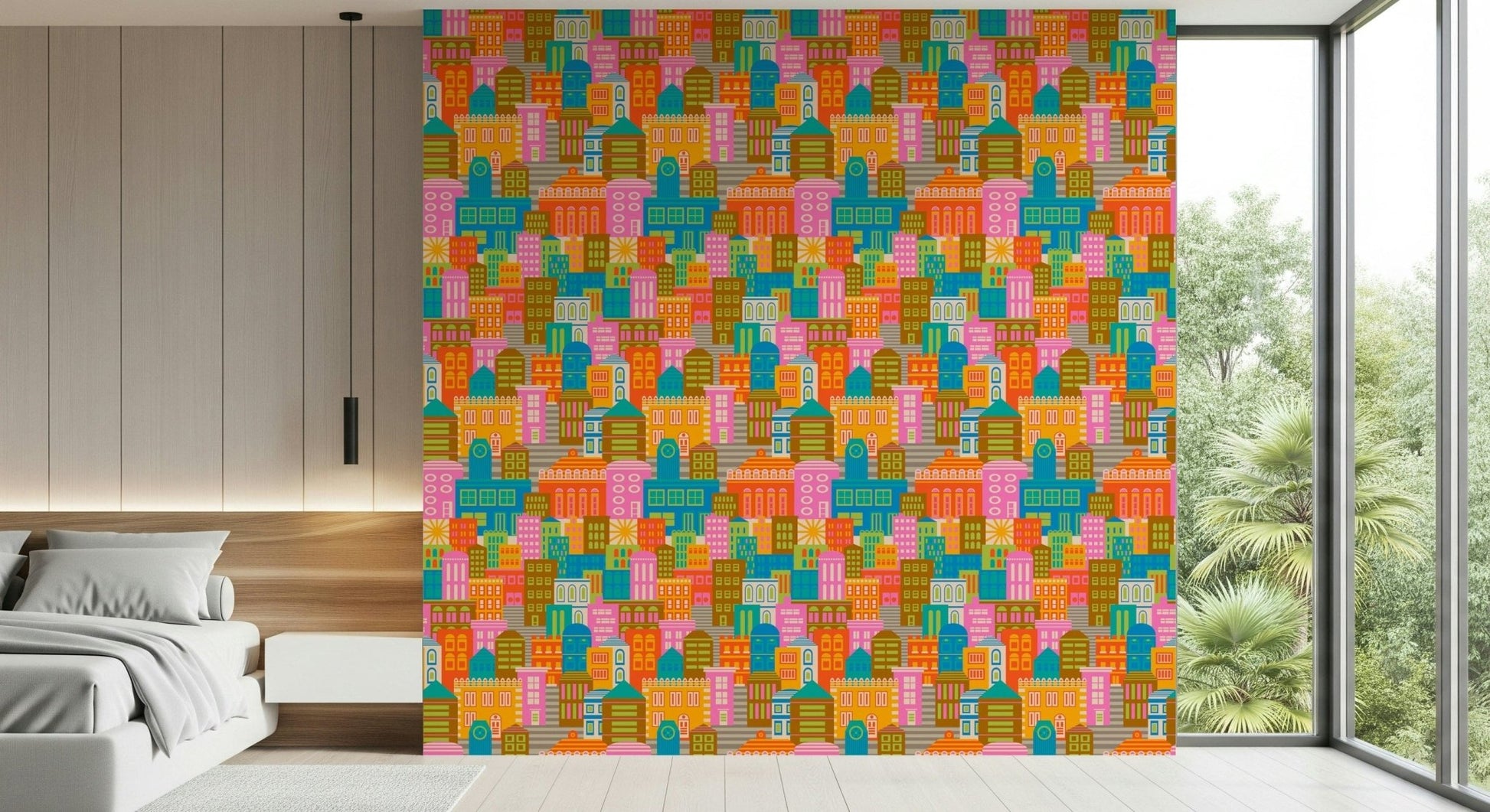 Bright geometric buildings wallpaper for apartment lounge, sunny rainbow color blocks