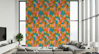 Vintage travel cityscape mural with rainbow brights for bedroom wall decor