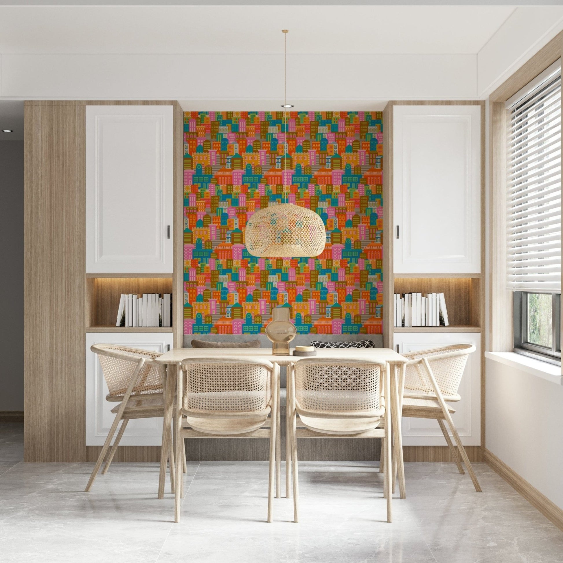 Bright geometric city wallpaper for dining area feature wall, colourful skyline look