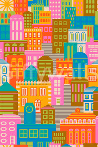 City Lights By Day mural for playroom, bright rainbow buildings and simple geometry