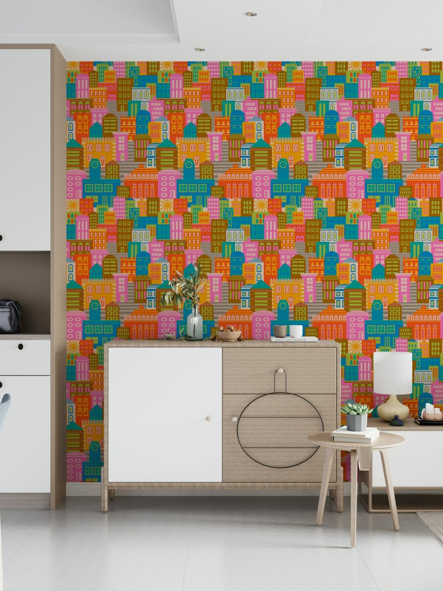 Colourful geometric city wallpaper for home office backdrop, tidy modern wall decor