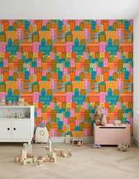 Vintage travel rainbow city wallpaper for bedroom headboard wall, sunny palette