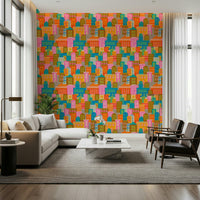 Retro city skyline wall mural for study room, clean lines and rainbow brights