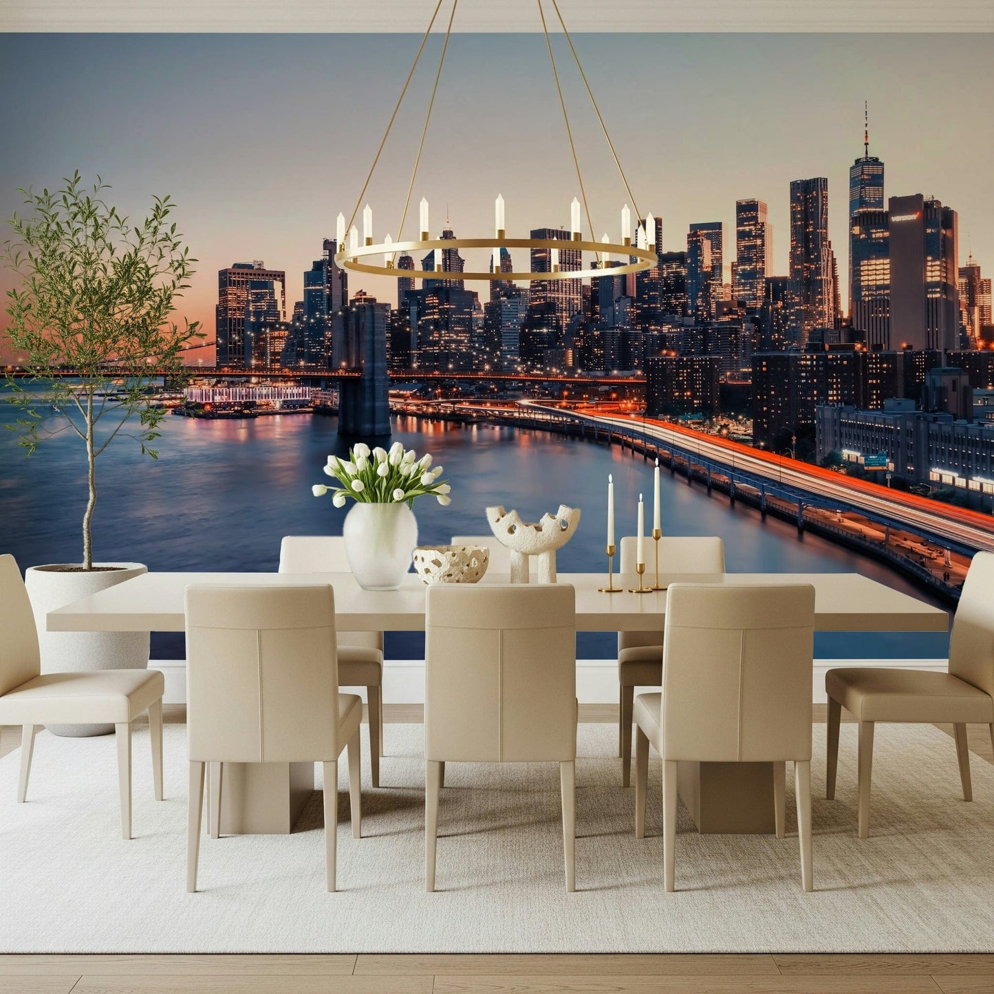 Bustling Manhattan bridge City Lights Dusk wallpaper mural