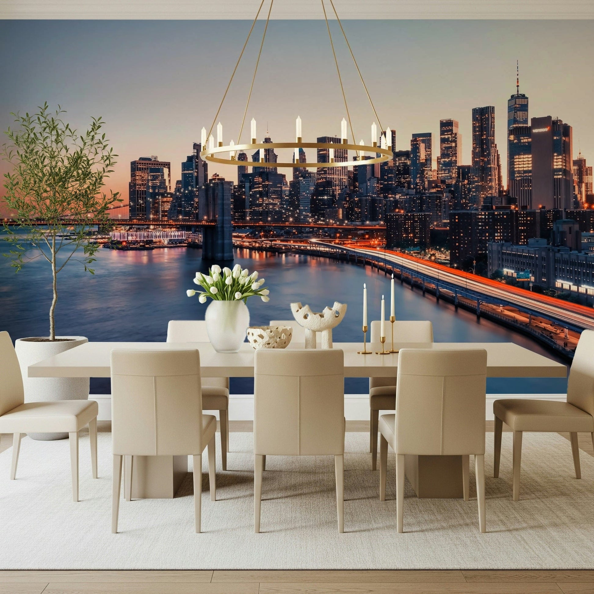 Bustling Manhattan bridge City Lights Dusk wallpaper mural