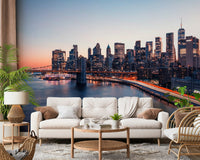 Atmospheric riverfront City Lights Dusk wallpaper for walls