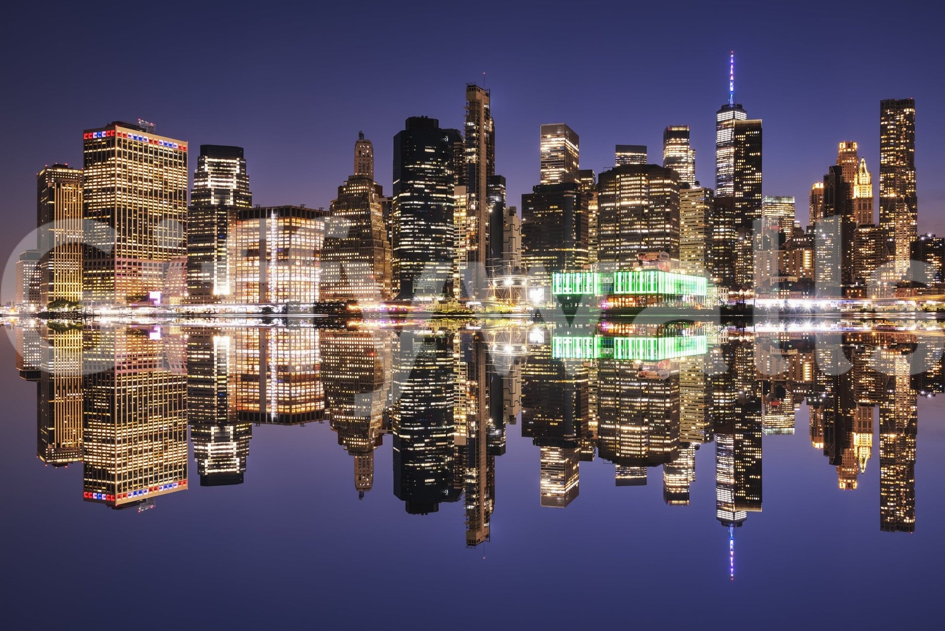City skyline reflection mural in hallway, modern urban home styling look
