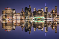 City skyline reflection mural in hallway, modern urban home styling look