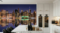 City Lights Reflection mural behind TV unit, tidy modern skyline feature wall