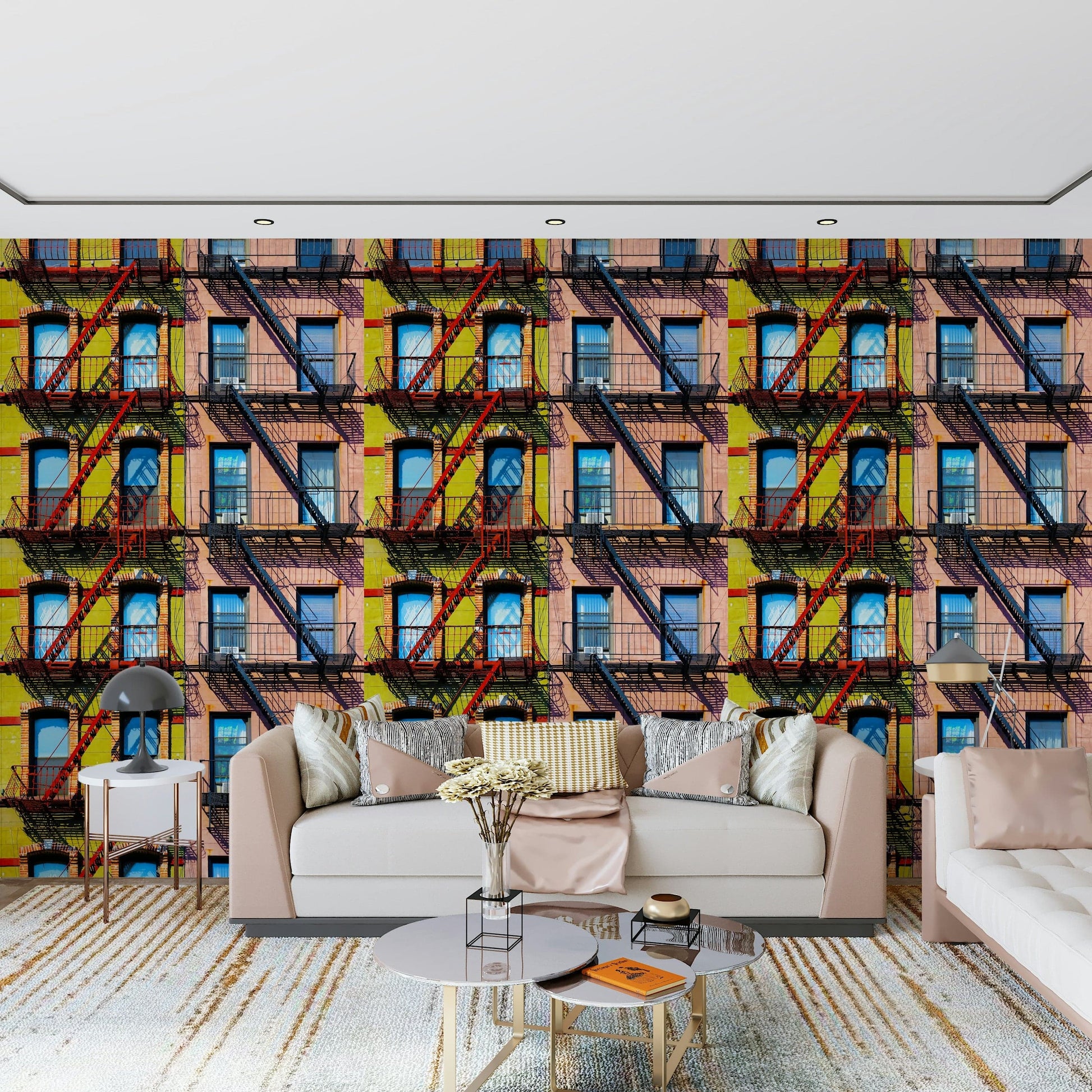 Urban-inspired mural featuring skyscrapers, streets, and city lights.