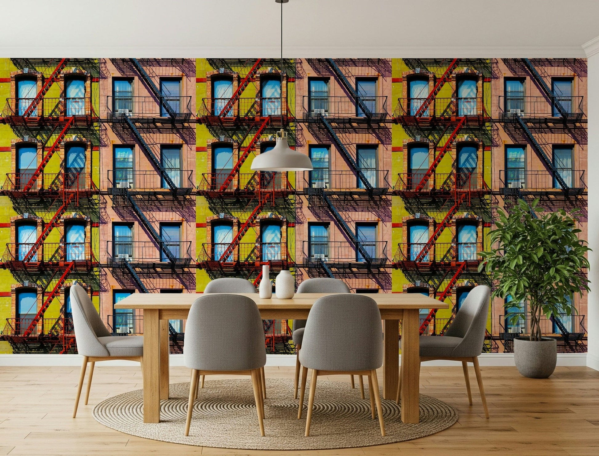 Wall mural showcasing a bustling city vibe with modern abstract elements.