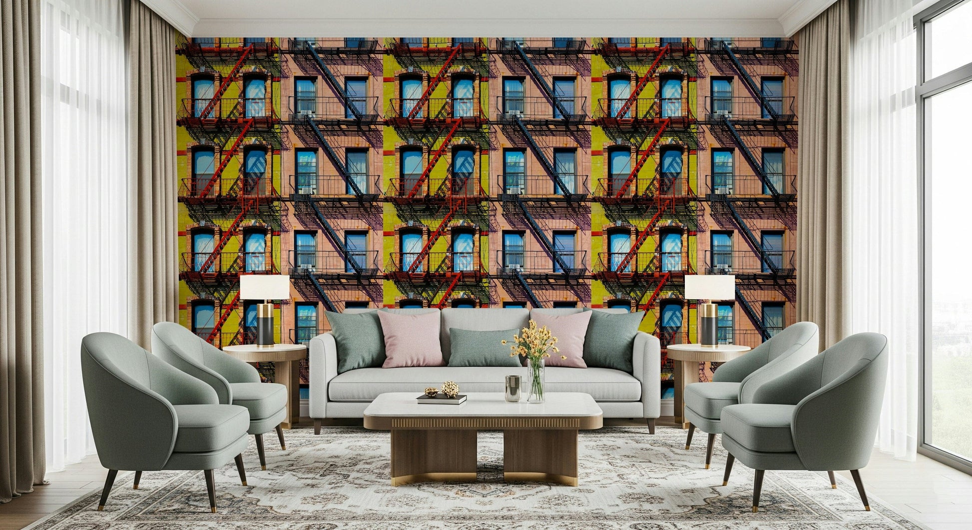 Urban-themed wall covering with vibrant buildings and street-inspired design.