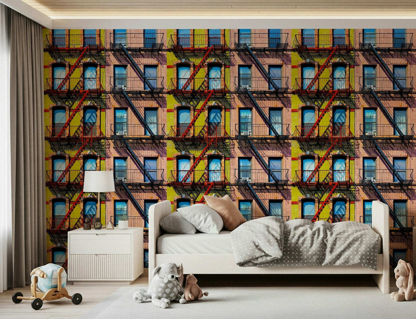 City Rhythm Wall Mural featuring a dynamic urban skyline with abstract city patterns.