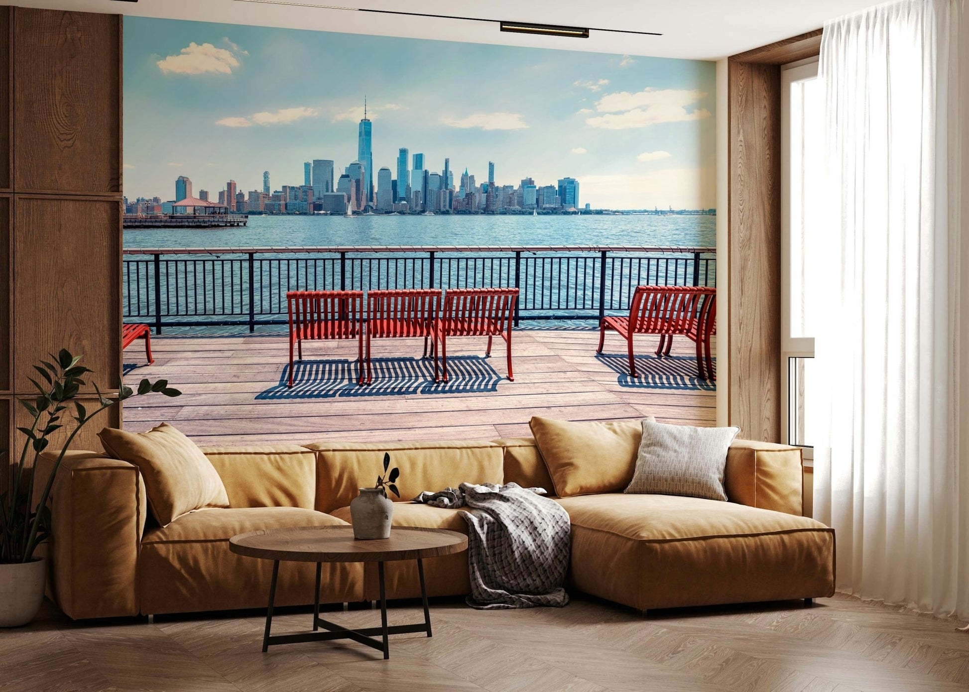 Coastal City Skyline View wallpaper for walls blue.